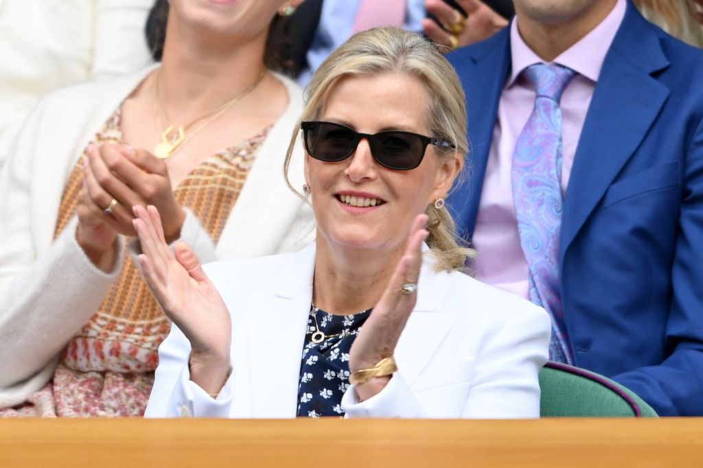  Sophie, Duchess of Edinburgh attends day eight of the Wimbledon Tennis Championships at the All England Lawn Tennis and Croquet Club on July 07, 2025 in London, England. 
