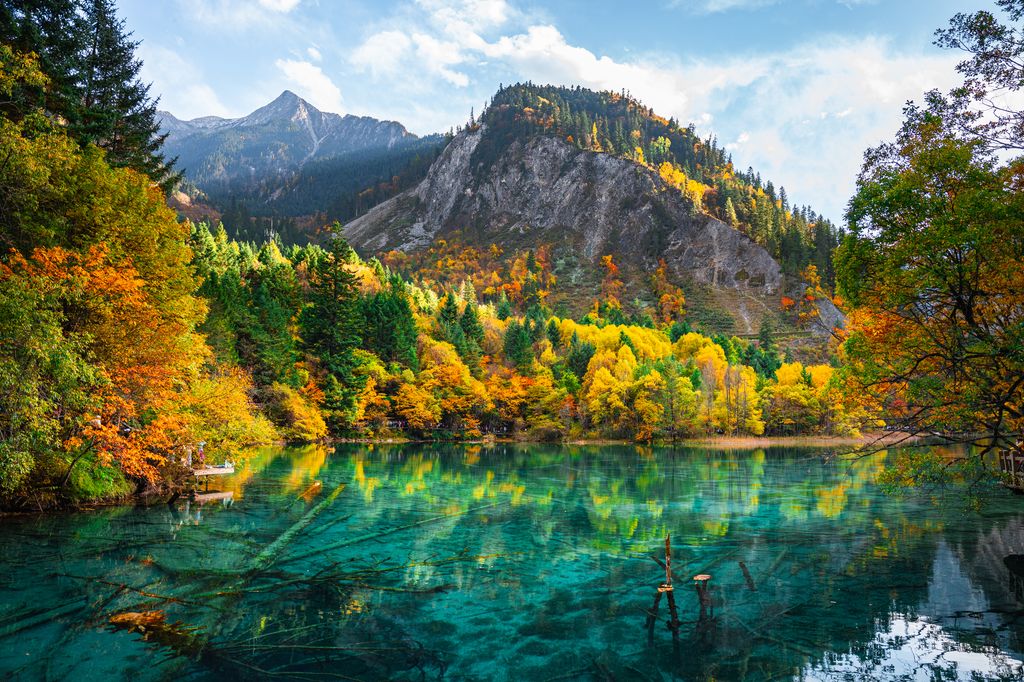 In Sichuan, China, Jiuzhaigou Park National Park boasts a stunning natural setting with a lagoon and trees in the autumn.