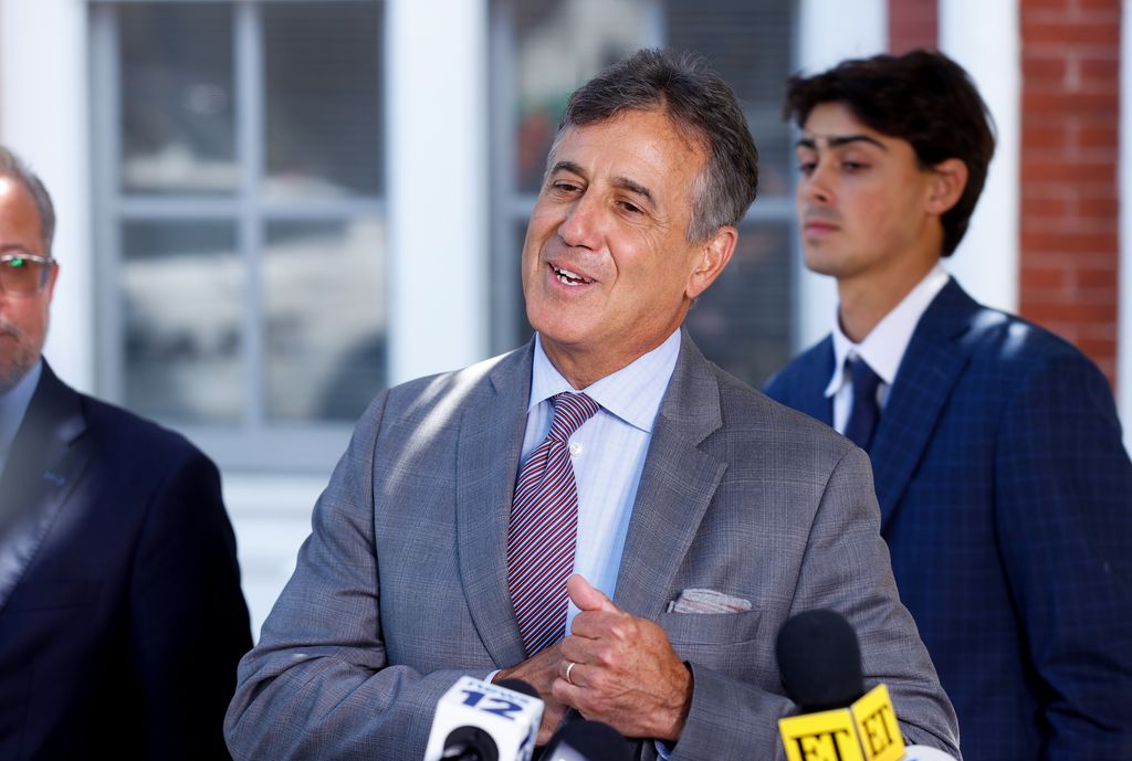 Justin Timberlake's lawyer Edward Burke Jr. makes a speech as he holds a press conference in front of Sag Harbor Municipal Building after the trial in Long Island, New York, United States on July 26, 2024