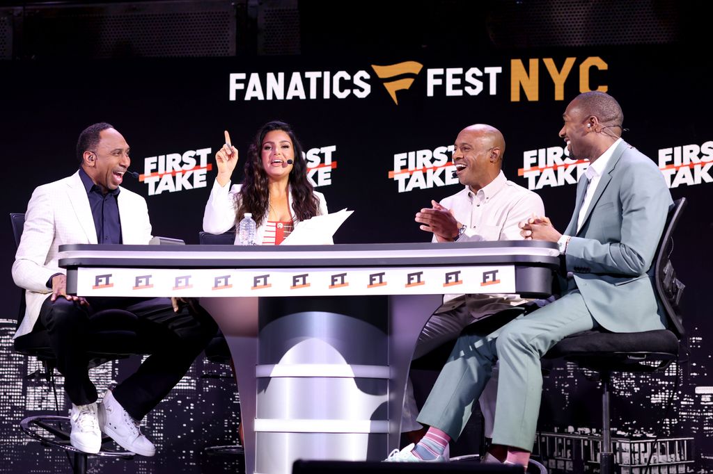 Stephen A. Smith, Molly Qerim, Jay Williams and Gilbert Arenas speak onstage for the First Take panel during Fanatics Fest NYC 2025