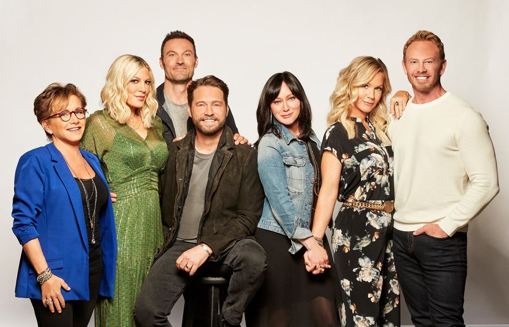Gabrielle Carteris, Tori Spelling, Brian Austin Green, Jason Priestley, Shannen Doherty, Jennie Garth and Ian Ziering.  BH90210, the highly anticipated new six-episode event series, will premiere Wednesday, Aug. 7 on FOX.
