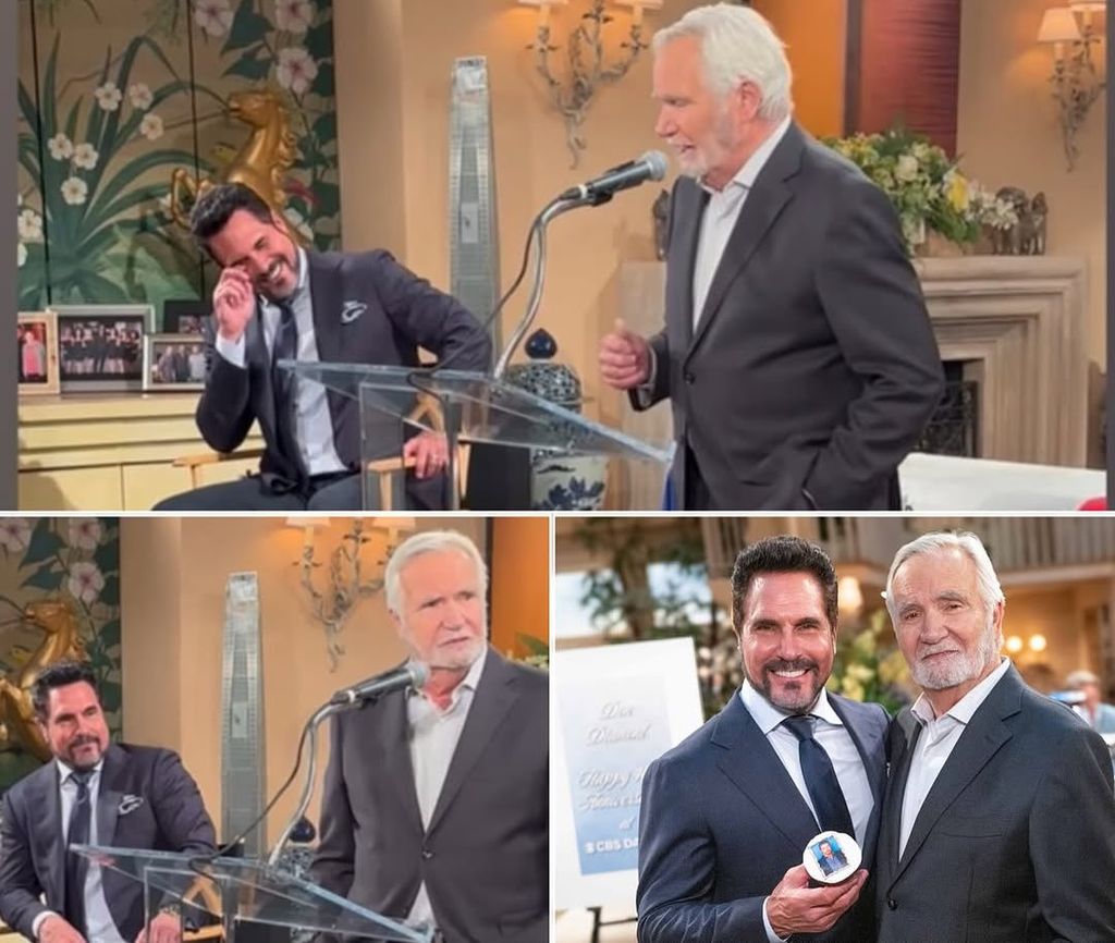 Compilation de photos de Don Diamont essuyant les larmes alors que Thurston Kaye parle à un microphone, et que la paire se présente ensemble tenant un cupcake