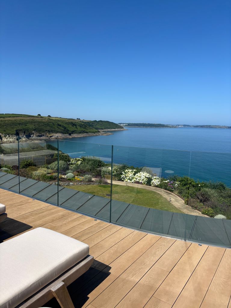blue skies and blue sea taken from a rooftop in Cornwall