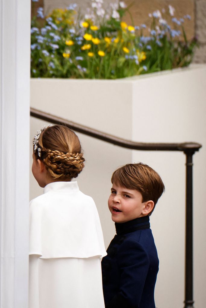 Britain's Princess Charlotte of Wales and Britain's Prince Louis of Wales arrive at Westminster Abbey in central London on May 6, 2023, ahead of the coronations of Britain's King Charles III and Britain's Camilla, Queen Consort.