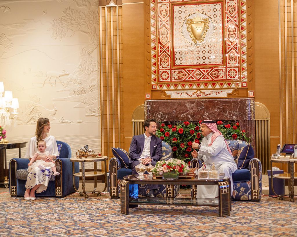 Crown Prince Hussein, Princess Rajwa and baby Princess Iman with King Hamad bin Isa Al Khalifa of Bahrain at the Al-Sakhir Palace