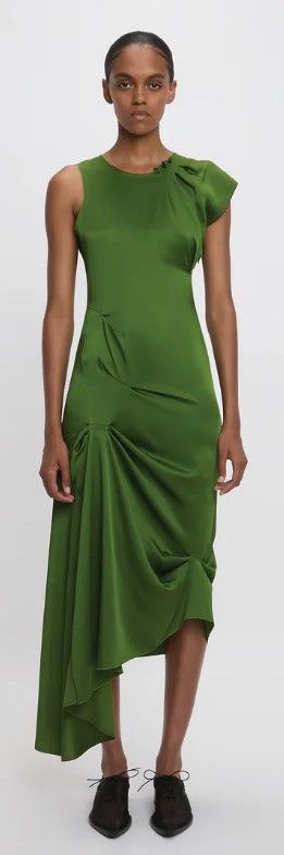 Draped Tuck Detail Midi Dress in Algae Green Vicvtoria Beckham