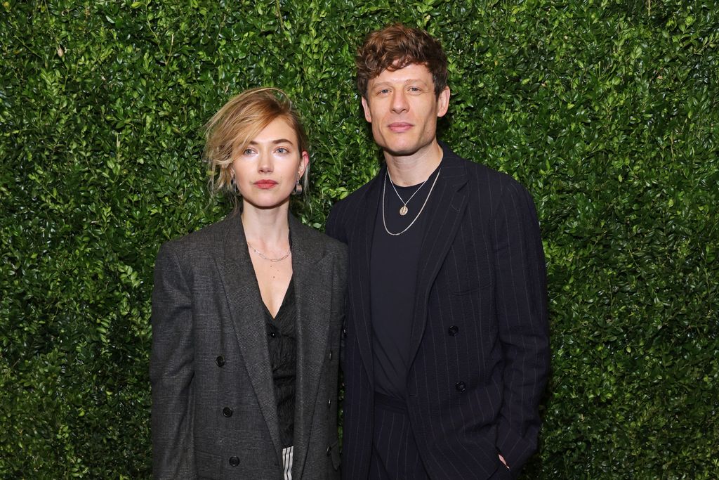 Imogen Poots in a grey jacket and James Norton in a black blazer