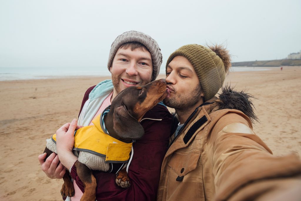 LGBTQI couple and their dachshund dog walking on the beach in Tynemouth in the North East of England. They are taking a selfie on one of their mobile phones.