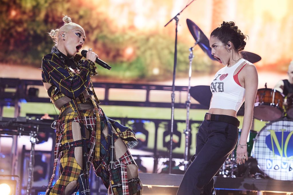 Gwen Stefani of No Doubt and Olivia Rodrigo perform at the Coachella Stage during the 2024 Coachella Valley Music and Arts Festival