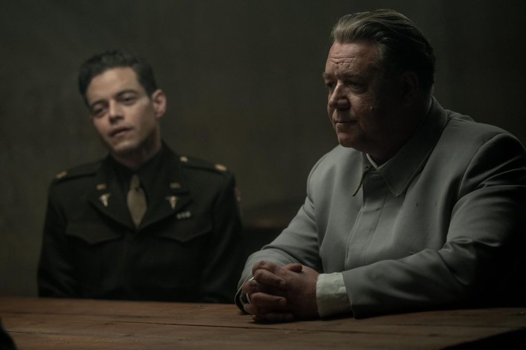 Rami Malek and Russell Crowe in a scene from Nuremberg