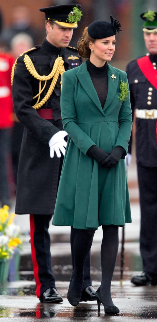 Prince William, Duke of Cambridge (in his role as Colonel of the Regiment) and Catherine, Duchess of Cambridge attend the St Patrick's Day Parade at Mons Barracks