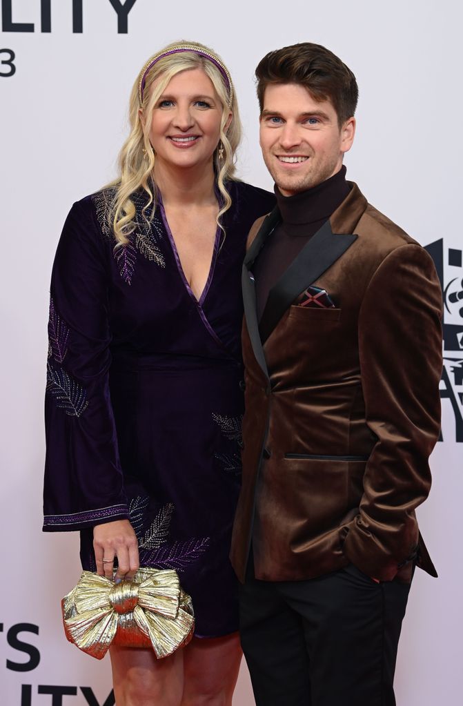 Rebecca Adlington in a mini dress and Andy Parsons in a brown jacket