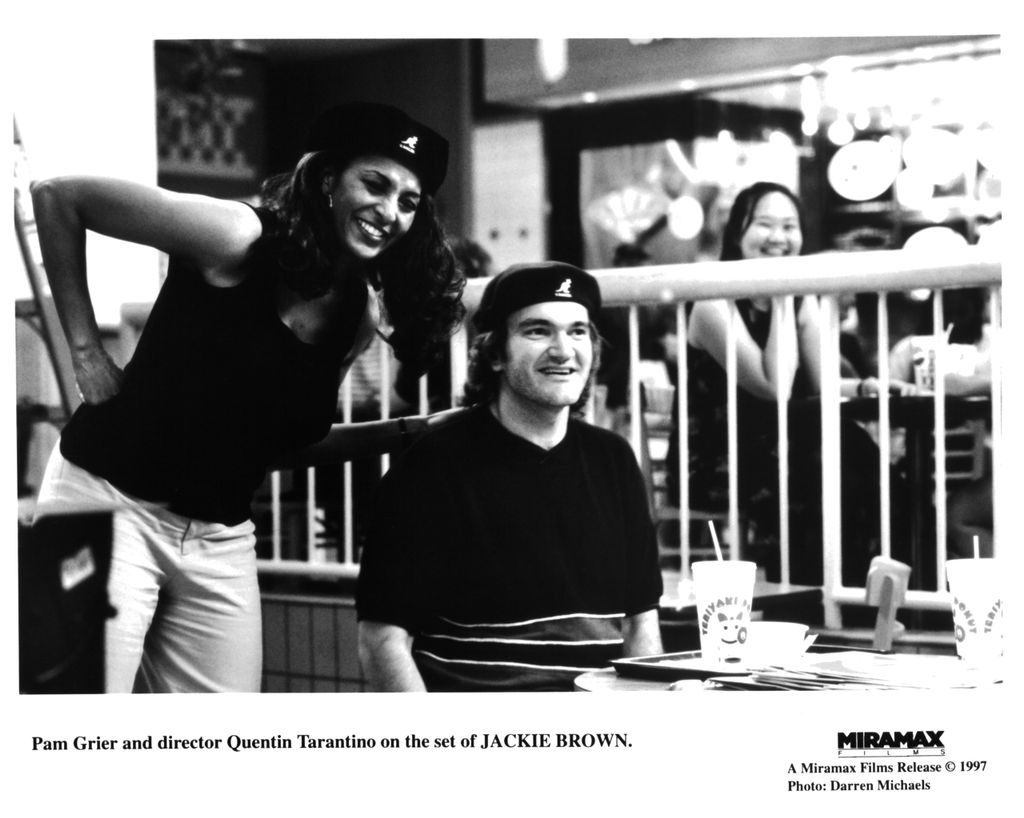 Actress Pam Grier and director Quentin Tarantino on the set of the Miramax movie Jackie Brown, circa 1997