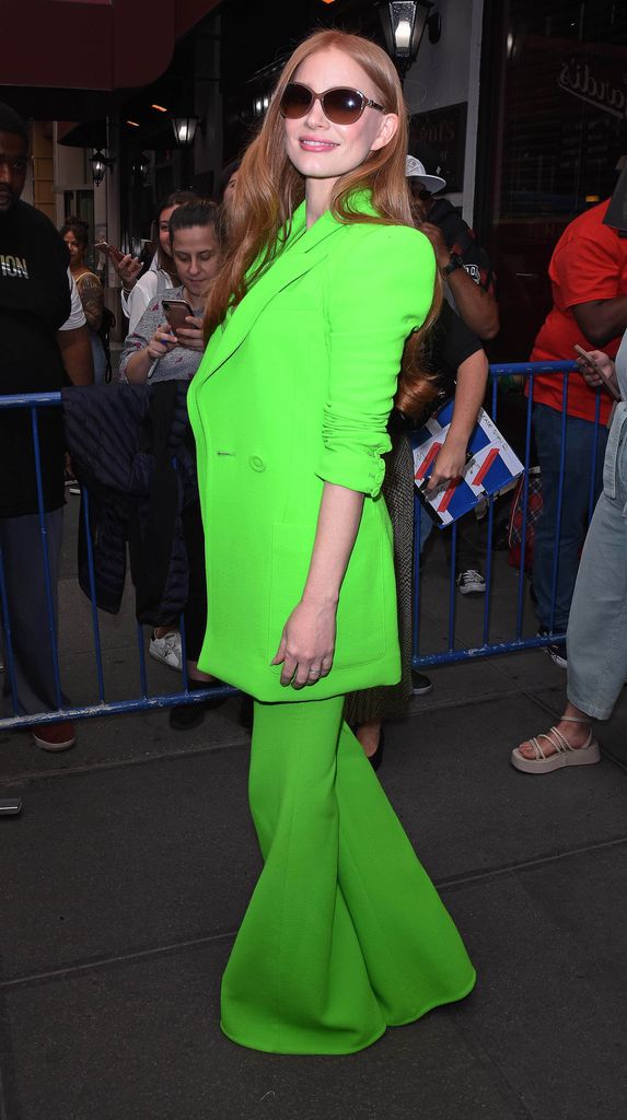 jessica chastain sunglasses green suit