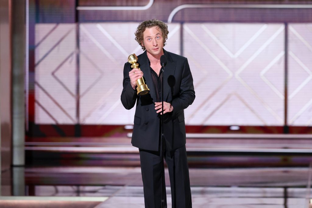 Jeremy Allen White accepts the award for Best Performance by a Male Actor in a Television Series  Musical or Comedy for "The Bear" at the 81st Golden Globe Awards held at the Beverly Hilton Hotel on January 7, 2024 in Beverly Hills, California.