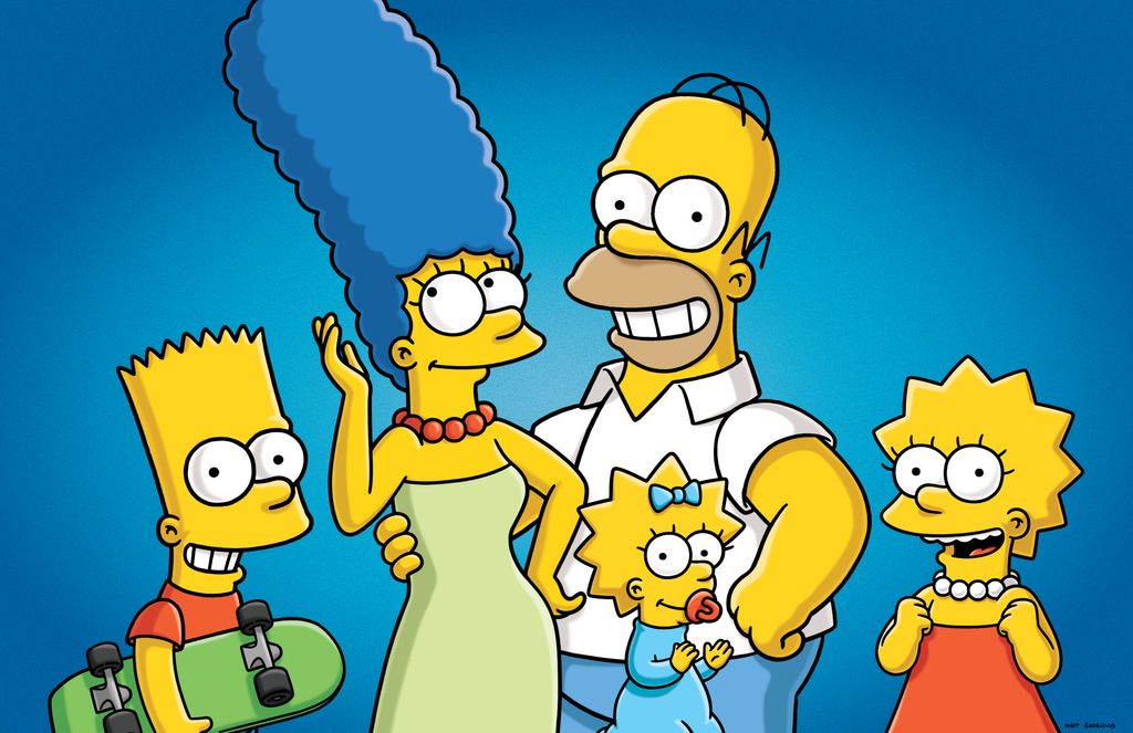 cartoon family standing against blue background (the simpsons)