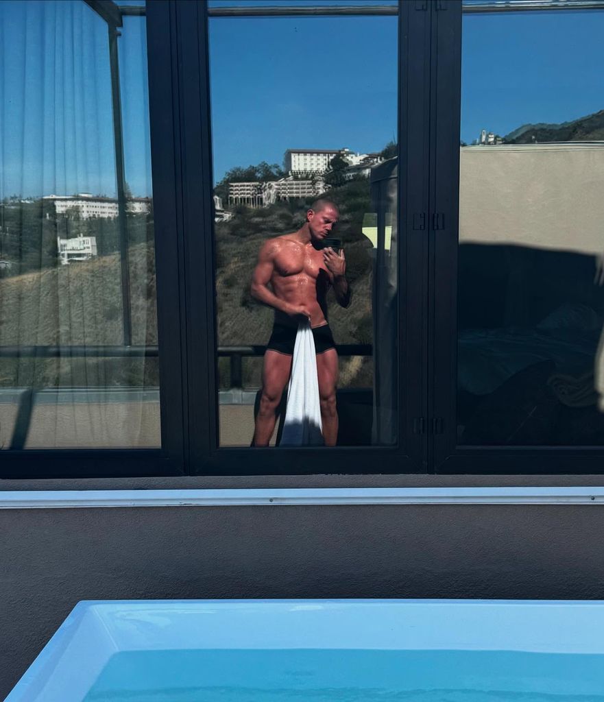 photo of channing tatum in black briefs by a pool