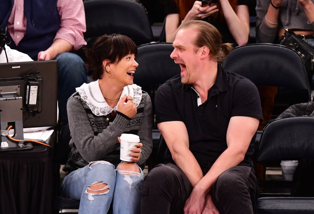 Lily Allen and David Harbour attend New York Knicks v New Orleans Pelicans preseason game at Madison Square Garden on October 18, 2019 