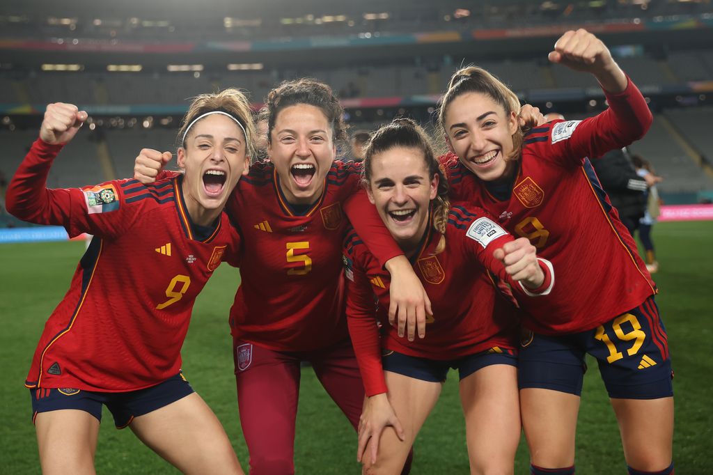 Esther Gonzalez, Ivana Andres, Teresa Abelleira and Olga Carmona of Spain celebrate the teams 2-1 victory and advance to the final following the FIFA Women's World Cup Australia & New Zealand 2023 Semi Final match