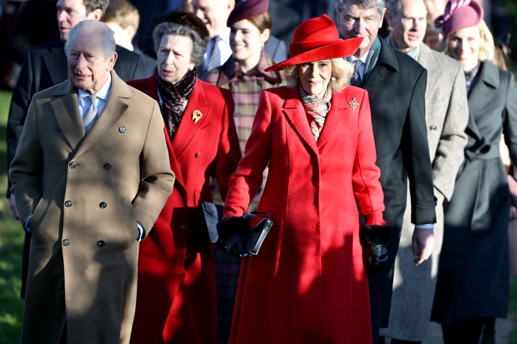 : King Charles III, Princess Anne, Princess Royal, Princess Eugenie of York and Queen Camilla attend the Christmas Morning Service at Sandringham Church on December 25