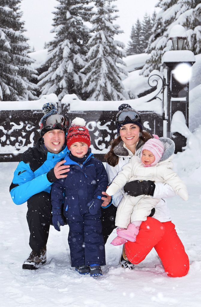 The then Duchess of Cambridge and the Duke of Cambridge, with their children, Princess Charlotte and Prince George, enjoy a short private skiing break on March 3, 2016 in the French Alps, France. 
