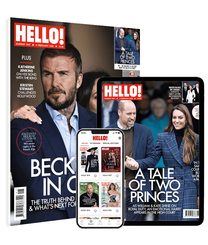 Hello Magazine cover featuring David and Victoria Beckham hugging