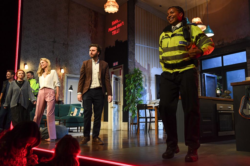 Cast members Che Walker, Joe McFadden, Stacey Dooley, Donna Air, James Buckley and Letitia Hector bow at the curtain call 