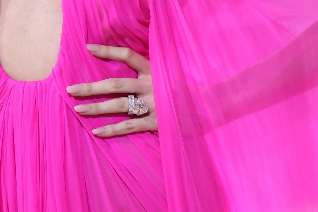 A close up of her £350k engagement ring