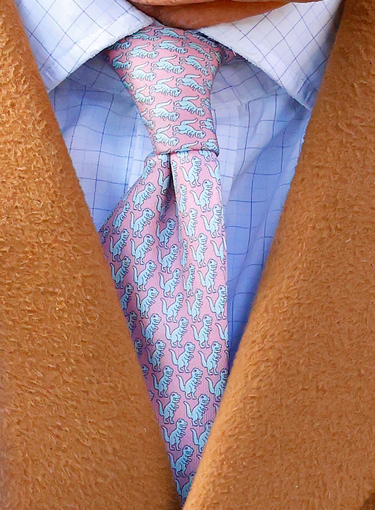 man wearing camel coat and dinosaur tie