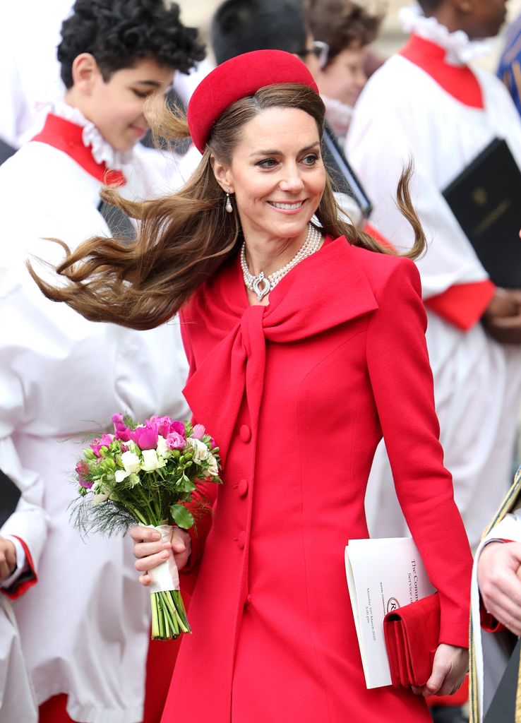 Kate Middleton, the Princess of Wales smiles as she arrives for the Commonwealth Day Service at Westminster Abbey on March 10, 2025 in London, England. 