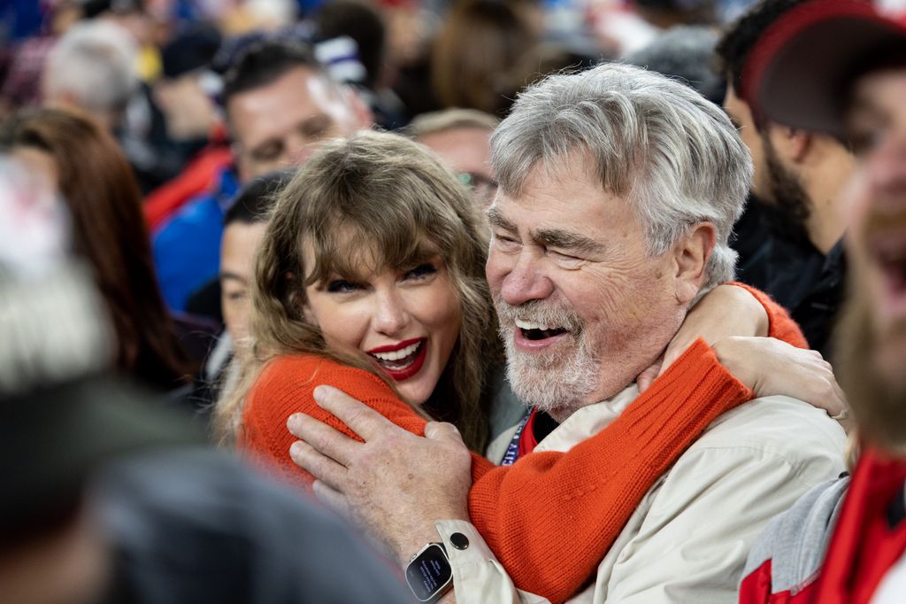 Taylor Swift hugs Ed Kelce after the AFC Championship NFL football game between the Kansas City Chiefs and Baltimore Ravens at M&T Bank Stadium on January 28, 2024 in Baltimore, Maryland