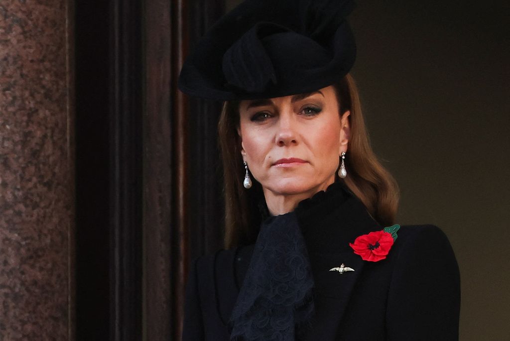 Britain's Catherine, Princess of Wales watches from the balcony as they attend the Remembrance Sunday ceremony at the Cenotaph on Whitehall in central London on November 9, 2025