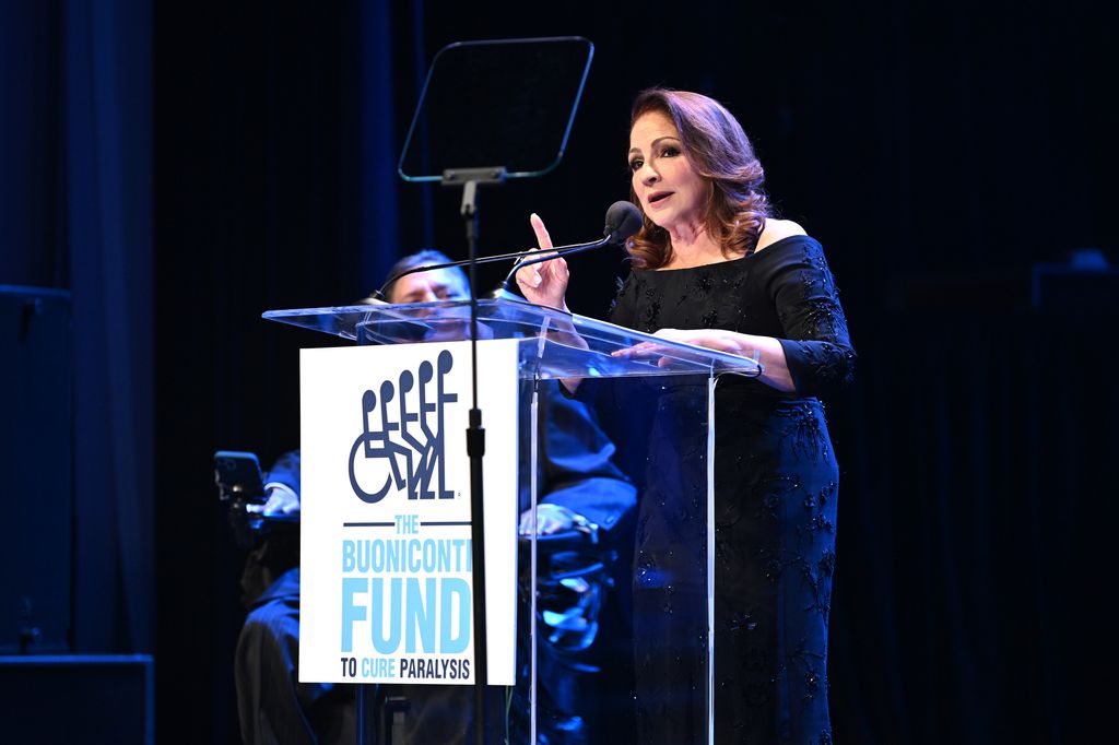 Gloria Estefan speaks onstage during The Buoniconti Fund to Cure Paralysis at 38th Annual Great Sports Legends Dinner, at the Marriott Marquis. The event raised millions for The Buoniconti Fund, the fundraising arm of The Miami Project to Cure Paralysis, a designated Center of Excellence at the University of Miami Miller School of medicine and the world's premier spinal cord injury research center at Marriott Marquis Times Square on October 16, 2023 in New York City.