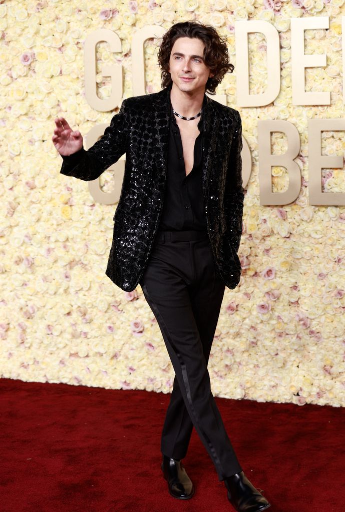 Timothee Chalamet arrives for the 81st annual Golden Globe Awards at The Beverly Hilton hotel in Beverly Hills, California