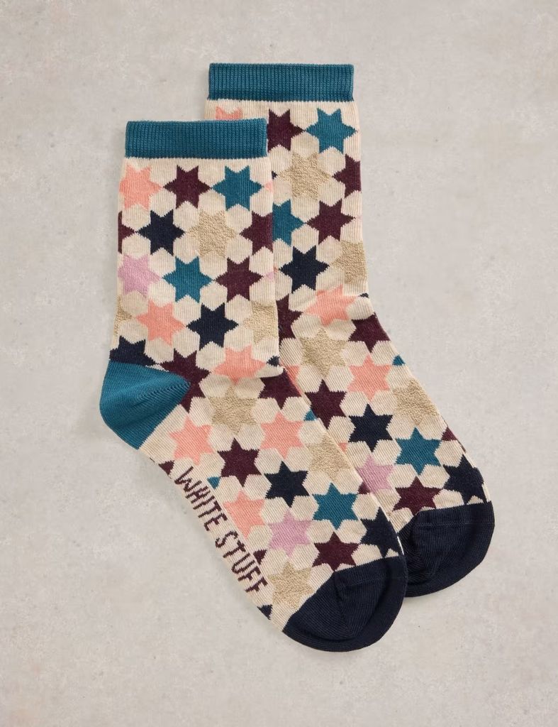 White Stuff Cotton Rick Star Ankle High Socks