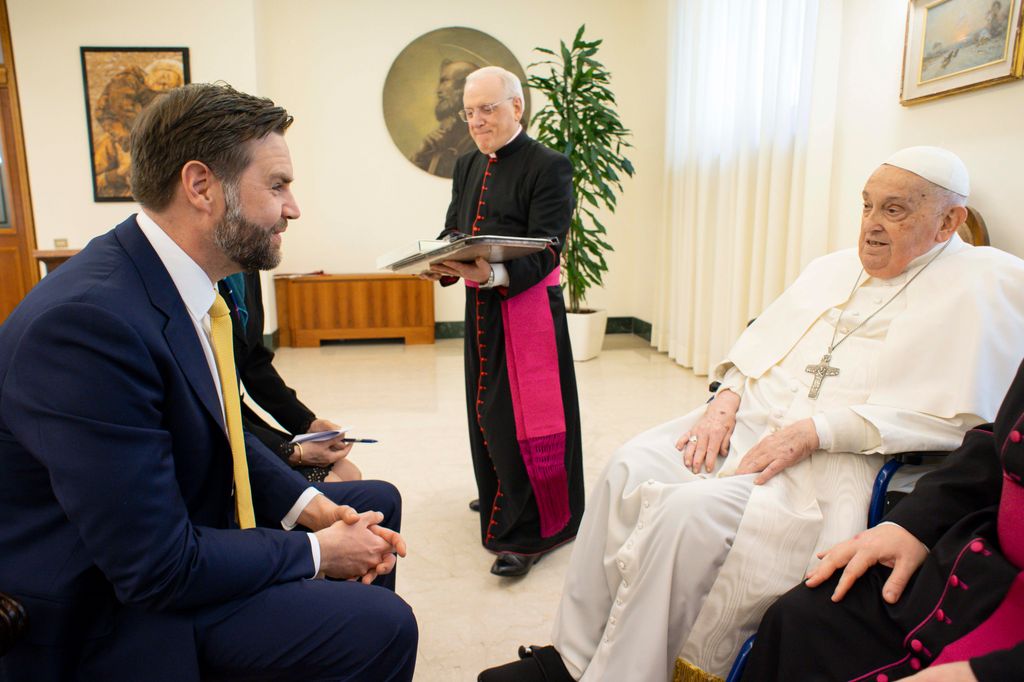 Pope Francis  meets with U.S. Vice President JD Vance and delegation during an audience at Casa Santa Marta on April 20, 2025 in Vatican City, Vatican