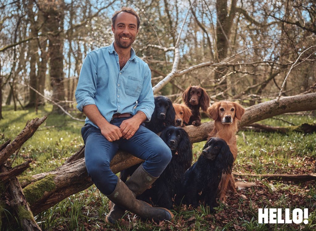 A man posing with six cocker spaniels in the woods