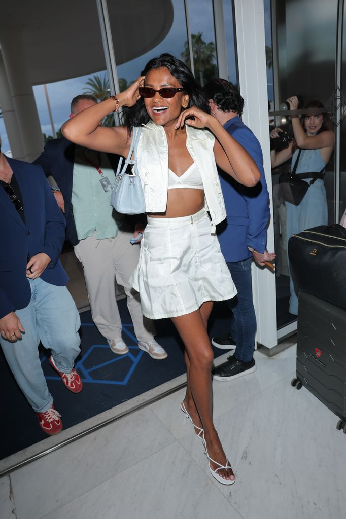 simone ashley looking space-age chic in white nylon