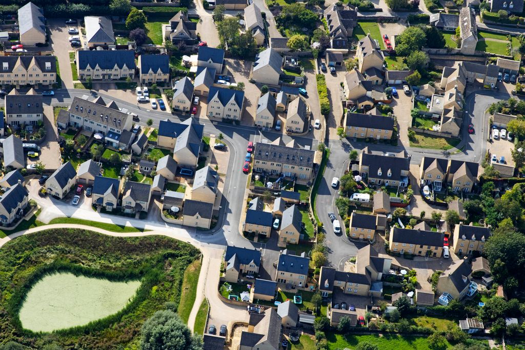 Aerial view of the town of South Cerney in Gloucestershire nestled in the Cotswold