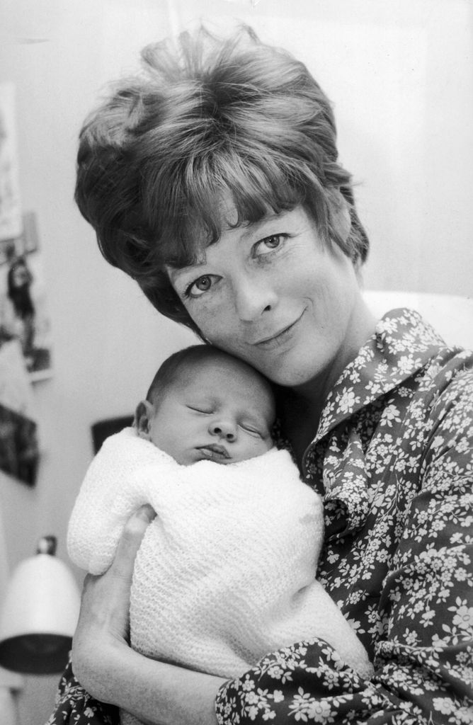 Maggie Smith at the Middlesex Hospital with Toby, her baby son with actor husband Robert Stephens, 5th May 1969