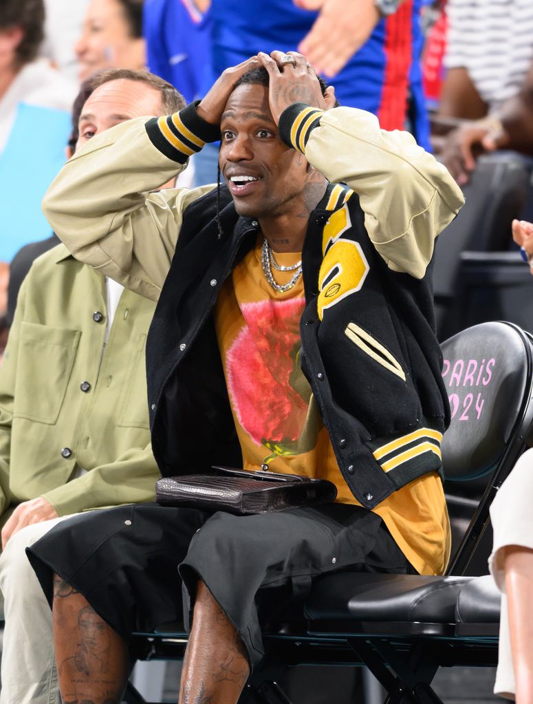  Travis Scott attends the men's basketball semi-final match between Team France and Team Germany on day thirteen of the Olympic Games Paris 2024 