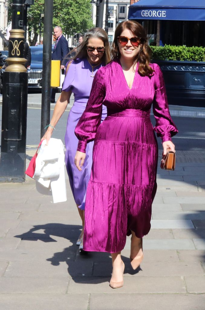 Princess Eugenie out in Mayfair wearing purple tiered silk dress 