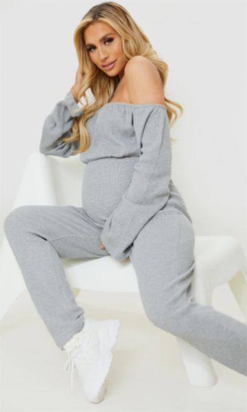 grey off the shoulder maternity jumpsuit mrs hinch