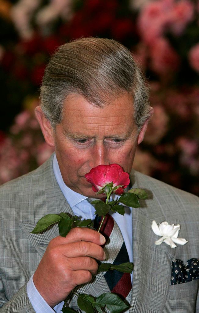 King Charles smells a red rose during a visit to the Sandringham Flower Show on July 27, 2005