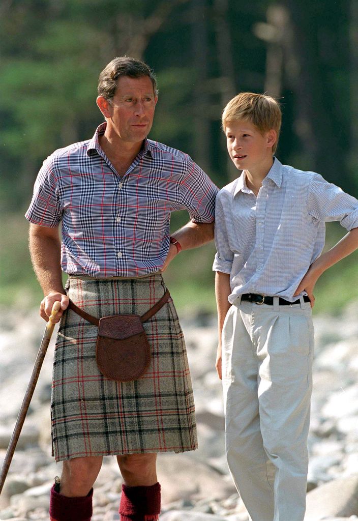 Prince Charles With Prince Harry At Polvier, By The River Dee, Balmoral Castle Estate