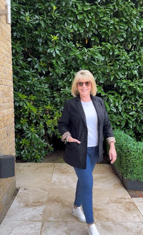 Ruth Langsford in a black blazer and jeans