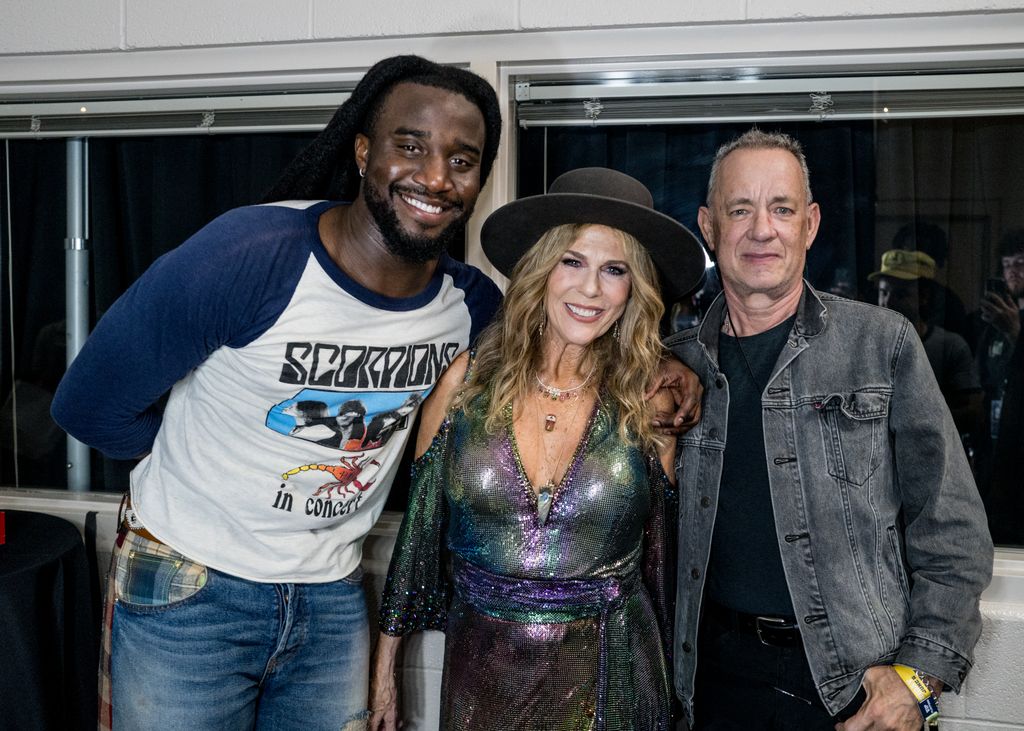 Shaboozey, Rita Wilson and Tom Hanks attend day two of CMA Fest 2025 at Nissan Stadium on June 06, 2025 in Nashville, Tennessee
