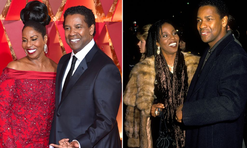 Denzel and Pauletta Washington on the left smiling and a younger photo of them on the right