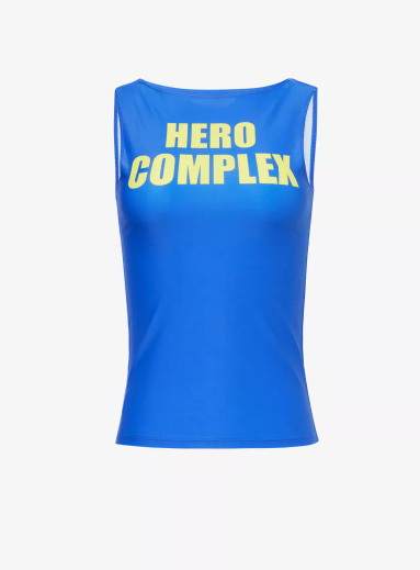 blue top saying hero complex