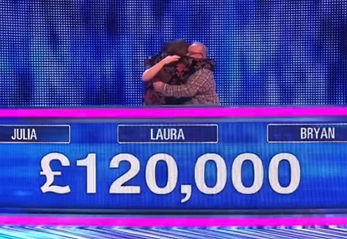 Julia, Laura and Bryan share a hug on The Chase 